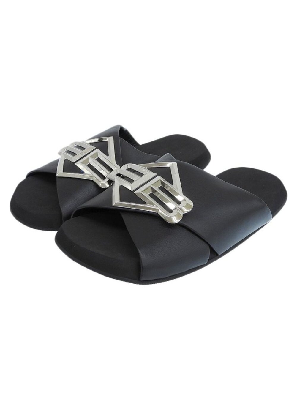 Balenciaga Sunset Flat Mule BB Logo Metal Plate Leather Sandals Shoes Black
